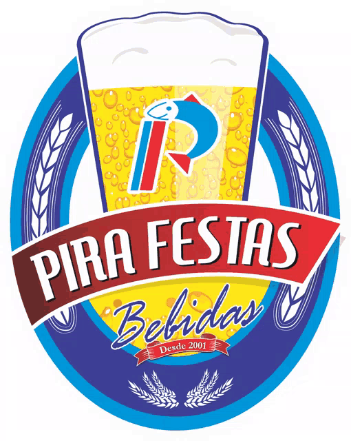 a logo for pira festas bebidas with a glass of beer in the middle