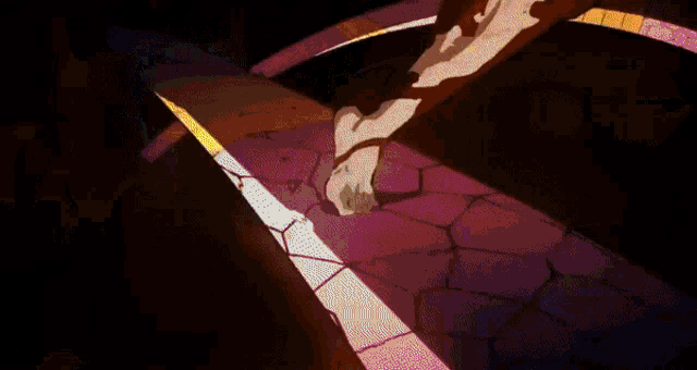 a cartoon character is holding a sword in a dark room with a red background .