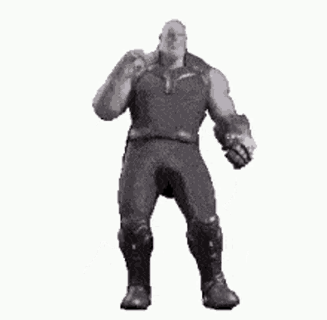 thanos from avengers infinity war is dancing in a black and white gif .