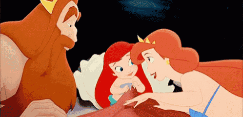 a cartoon of a man , a woman , and a baby mermaid laying on a bed .