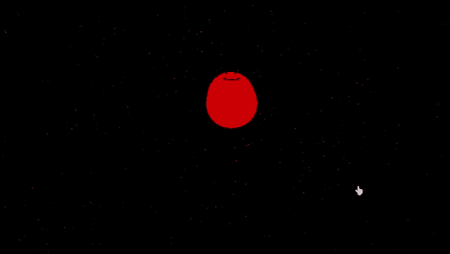 a red smiley face is in the middle of a black background with stars .