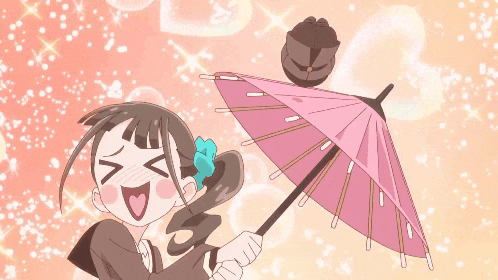 a cartoon girl is holding a pink umbrella and making a face