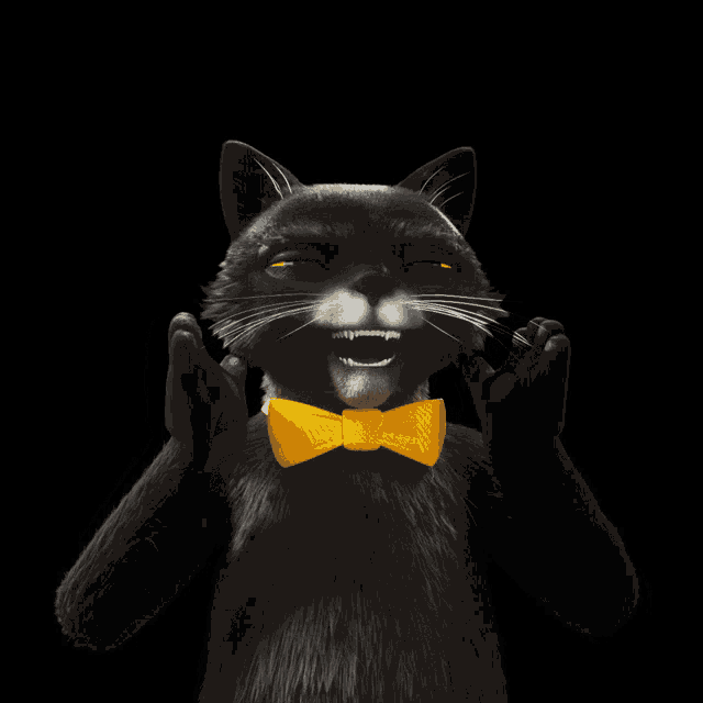 a black cat with a yellow bow tie is making a funny face