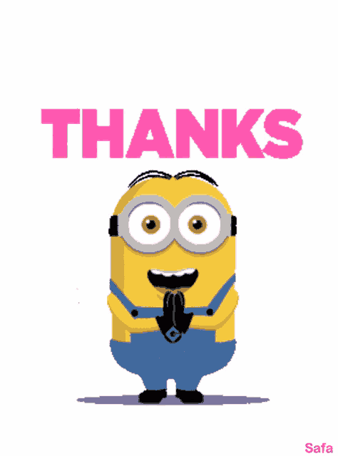 a cartoon minion is standing in front of a sign that says thanks