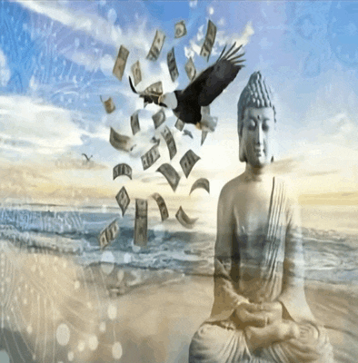 a statue of buddha sits on a beach with money flying around