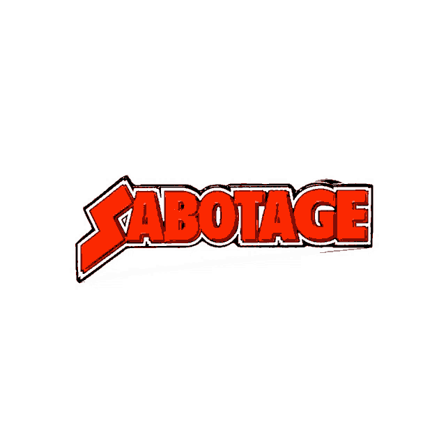 a red and white logo for sabotage with a white background