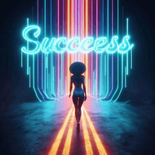 a woman is walking in front of a neon sign that reads success