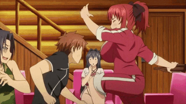 a group of anime characters including a girl in a red shirt