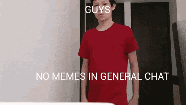a boy in a red shirt with the words guys no memes in general chat on the bottom