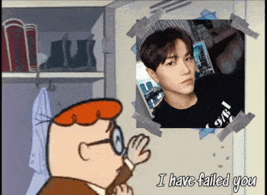a cartoon character is looking at a picture of a man with the words i have failed you below it