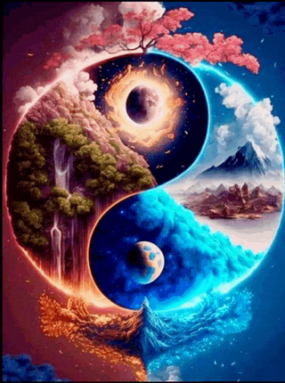 a painting of a yin yang symbol with a tree in the middle