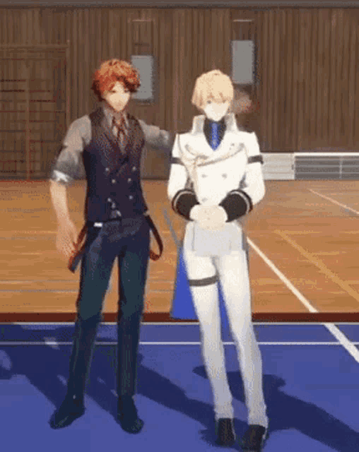 two anime characters are standing next to each other on a basketball court