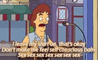 a cartoon character is singing into a microphone and says " i leave my shirt on "