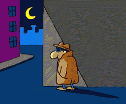 a cartoon of a man holding a flashlight in front of a building