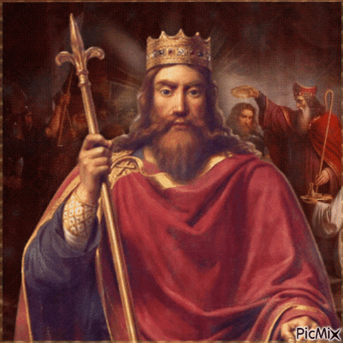 a painting of a man with a beard and a crown has the word picmix on the bottom