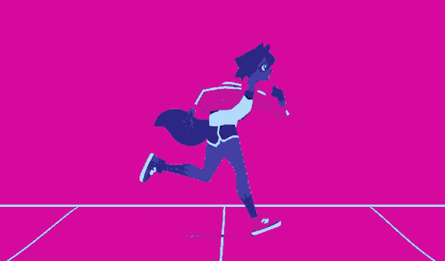 a cartoon character is running on a tennis court .