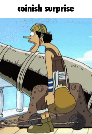 a cartoon character with a long nose is standing next to a cannon with the words coinish surprise above him