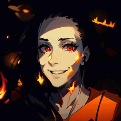 a drawing of a woman with red eyes and a smile on her face