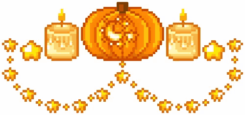 a pixel art of a pumpkin , candles , and stars .