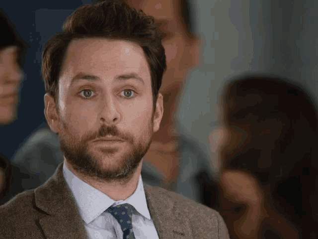 a man with a beard in a suit and tie looks at the camera