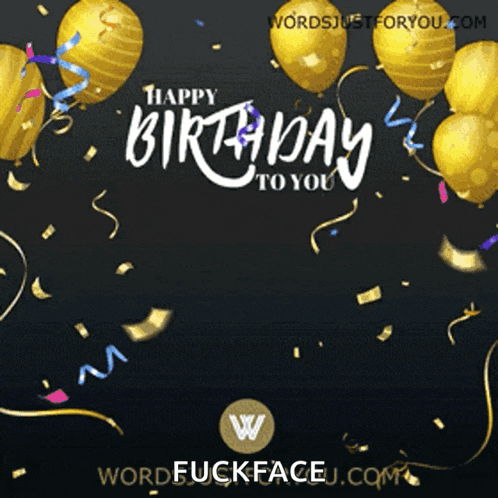 a black background with gold balloons and confetti with the words happy birthday to you