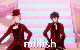 a couple of anime characters are standing next to each other on a stage and they are dancing .