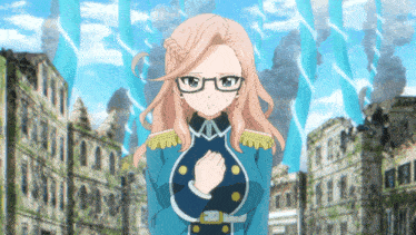 a girl wearing glasses and a blue uniform stands in front of buildings