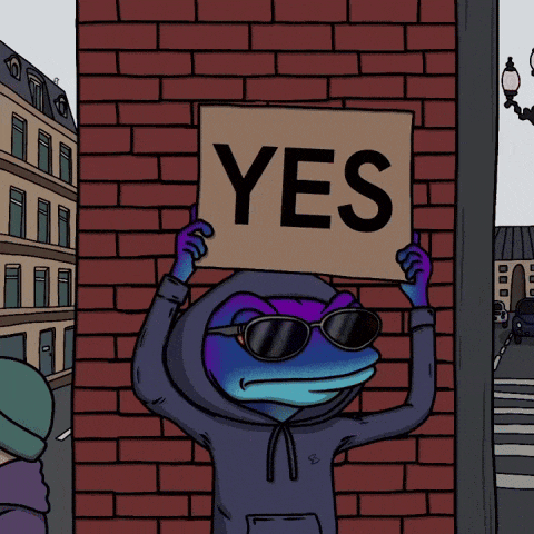 a cartoon of a frog holding a sign that says yes
