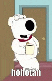a cartoon character is holding a cup of coffee and a piece of toilet paper .