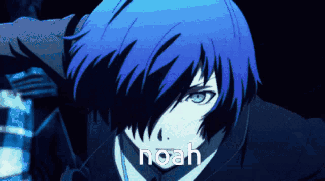 a blue haired anime character with the name noah written on it