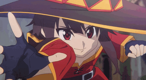 a girl in a red and yellow outfit is wearing a hat and gloves