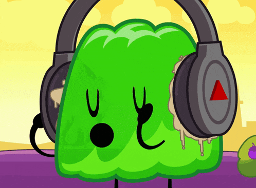 a green cartoon character wearing headphones with a red triangle on the bottom
