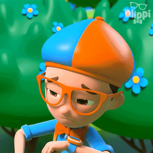 a cartoon character is wearing glasses and a hat and looking at his watch ..