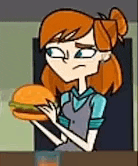 a cartoon girl is holding a hamburger in her hands and making a face .