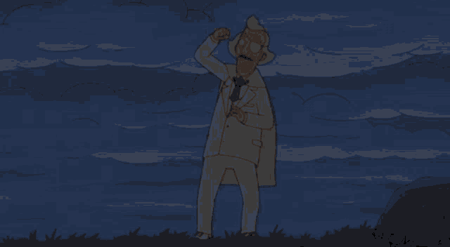 a cartoon of a man in a suit and tie standing in front of the ocean