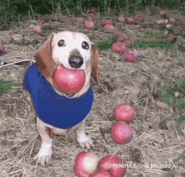 a dog wearing a blue shirt is holding an apple in his mouth
