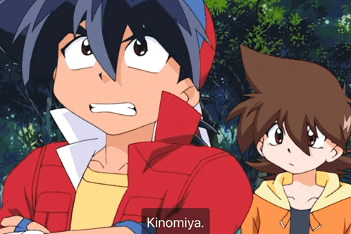 two anime characters are standing next to each other and one of them has the word kinomiya on it