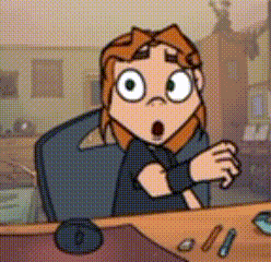 a cartoon of a girl sitting at a desk with a surprised look on her face