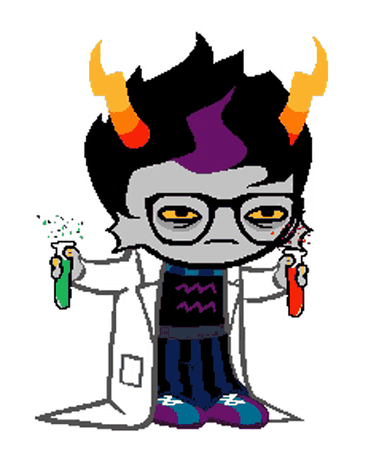 a pixel art drawing of a troll with horns and glasses holding two beakers