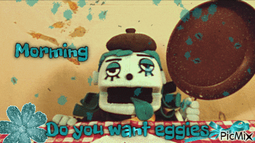 a cartoon character is holding a frying pan and says morning do you want eggies