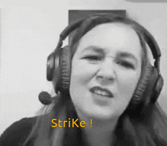 a woman wearing headphones says the word strike in yellow