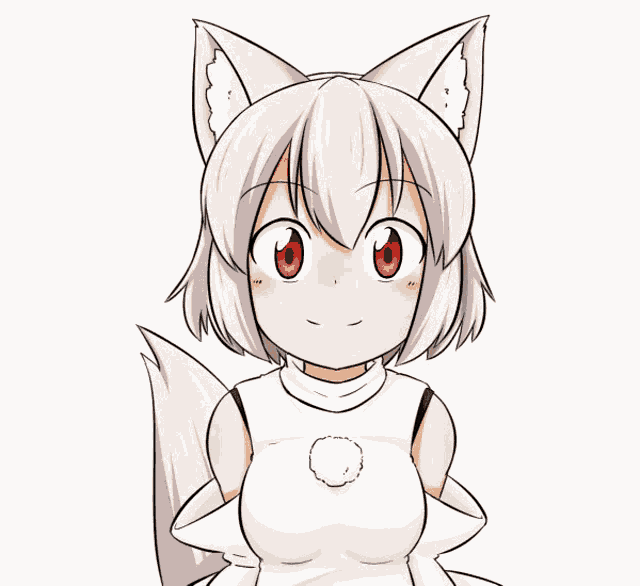 a girl with white hair and red eyes is wearing a white dress