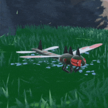 a dragonfly with red white and black wings is flying through the grass