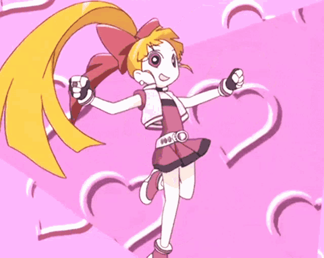 a cartoon girl with a red bow on her head stands in front of a pink heart background