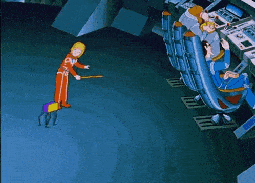 a cartoon character is standing in front of a group of people in chairs