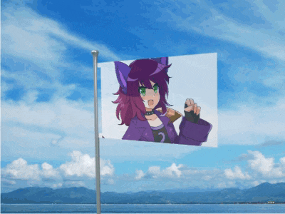 a picture of a girl with purple hair and green eyes is flying in the wind