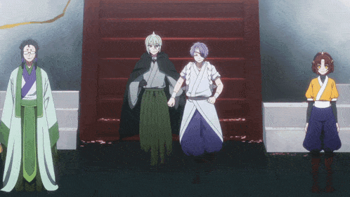 a group of anime characters standing in front of a door
