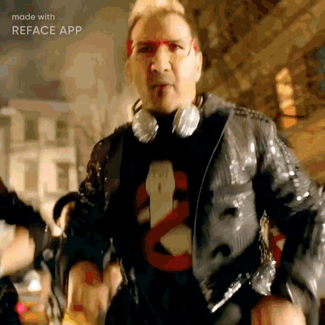 a man in a sequined jacket and headphones is being made with reface app