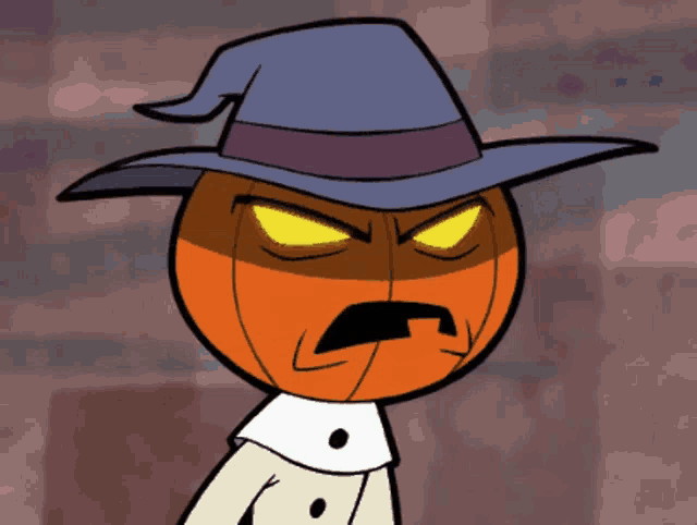 a cartoon character with a pumpkin head wearing a wizard hat