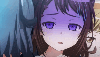 a close up of a girl with purple eyes and brown hair